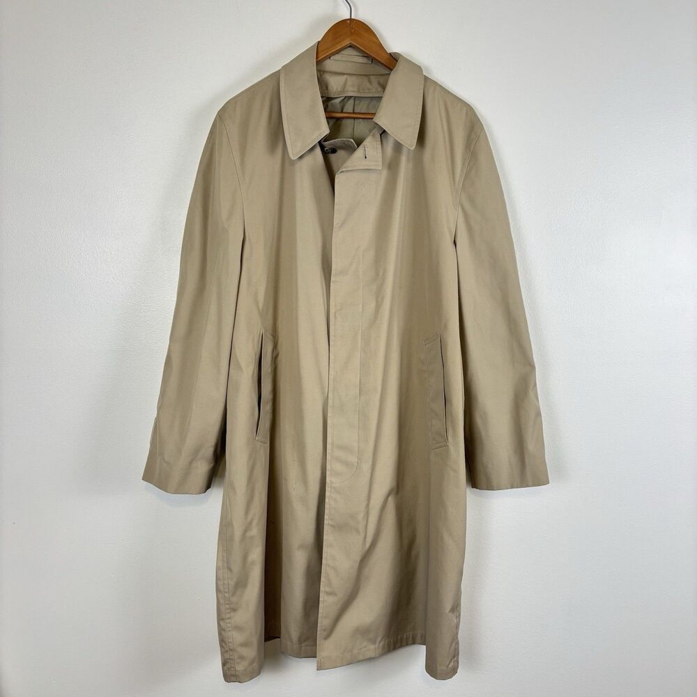 Vintage Trench Coat Mens Tan Beige Full Length Raincoat Overcoat Single Breasted